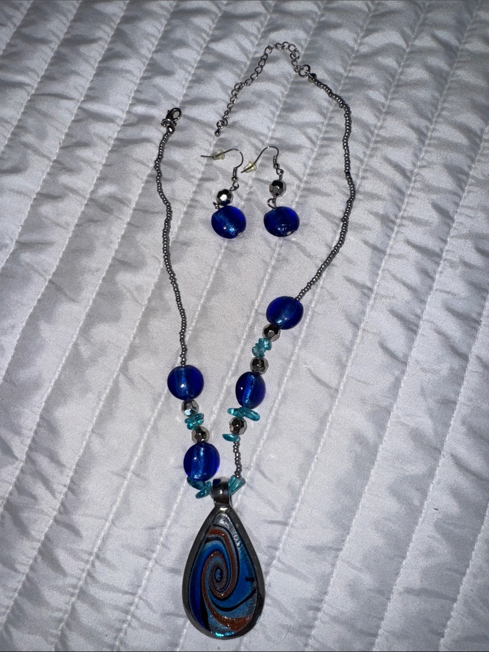Blue Swirl Teardrop Pendant Necklace & Earring Set